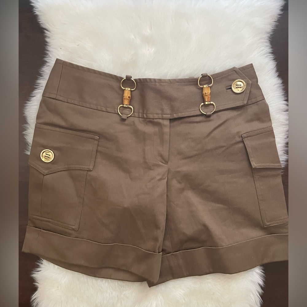 Milly of New York Olive-Brown High-Waist Cargo Shorts with Gold Hardware